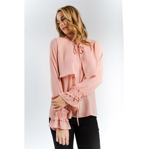 Ruffle Smock Neck Detail Bell Sleeve Blouse - Picture 2 of 4